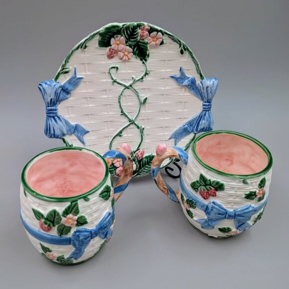 Vintage 1985 Haldon Group Strawberry & Blue Ribbons: 3-Piece Cottagecore Tea Set